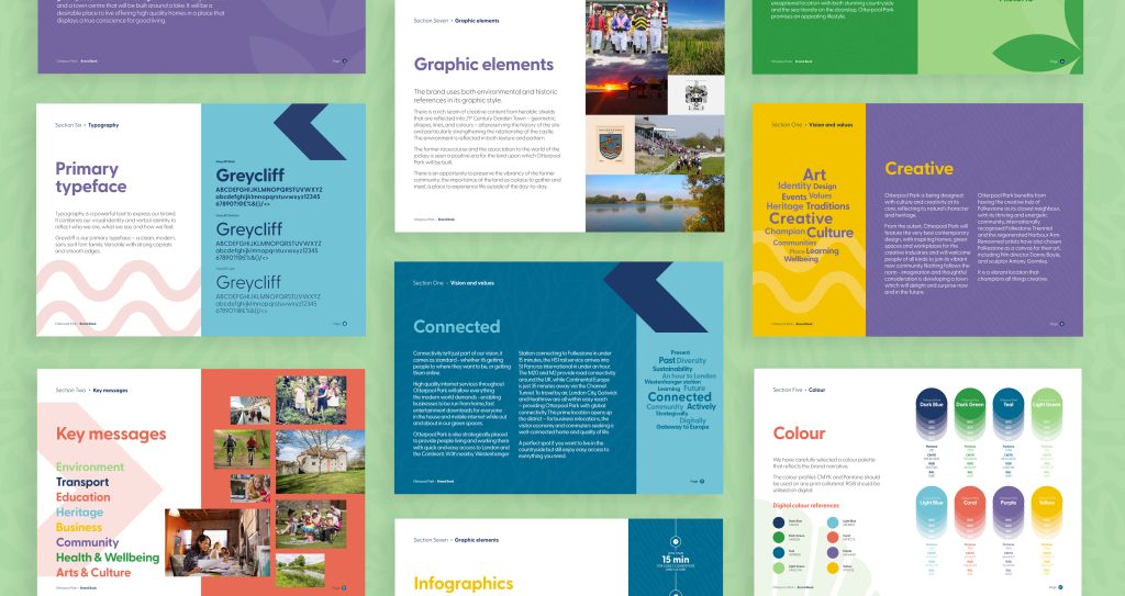 A mockup of pages within the Otterpool Park brand book, including typography, colour palette, brand values and key messages. 