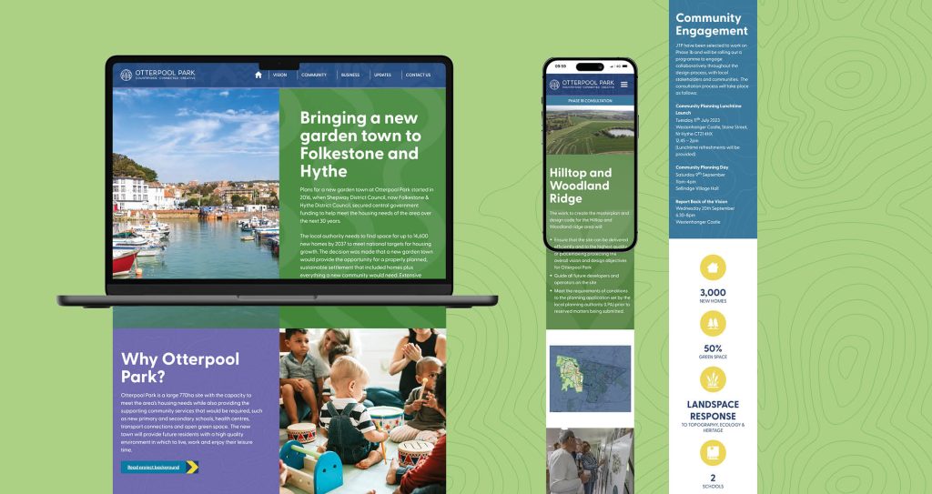 Mockups of the Otterpool Park website on both desktop and mobile.